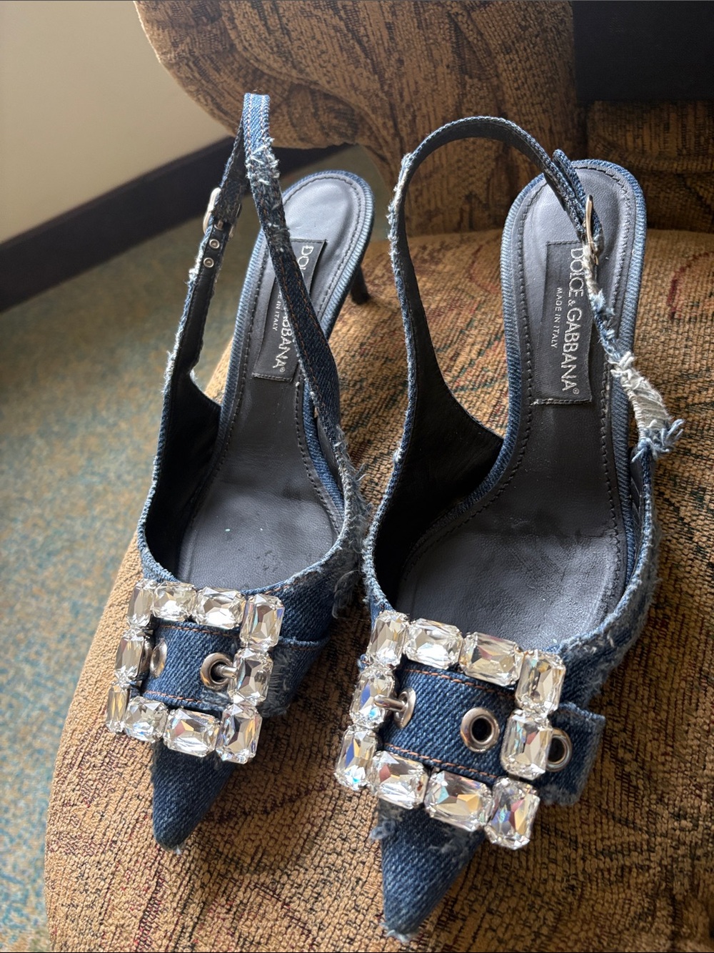 Dolce & Gabbana Denim Pointed Slingback Heels with Crystal Buckle - Blue